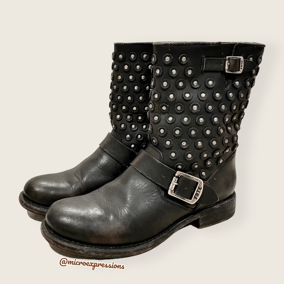 $389 Frye Jenna Studded Disc Vintage Distressed Black Leather Combat Short Boot - Picture 11 of 16